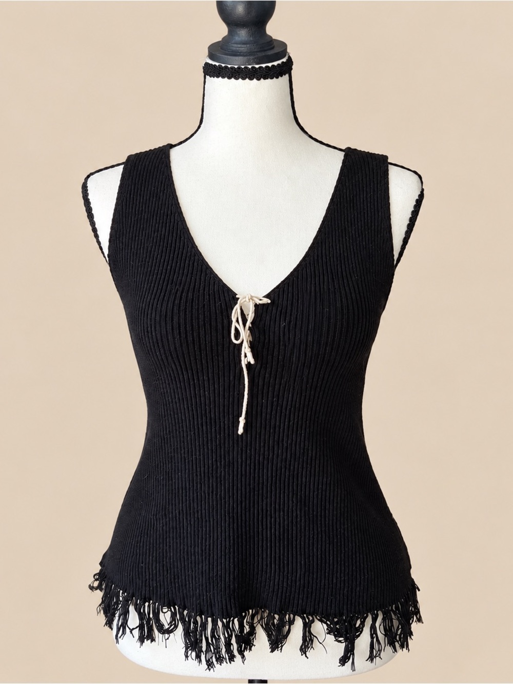 Y2K Vintage Fringe Tie Front Ribbed Tank M